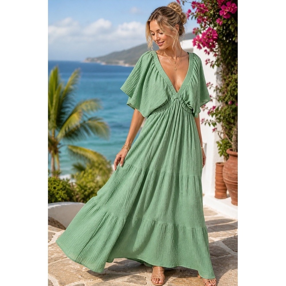Boho Gauze Maxi Dress Green Flutter Sleeve Open Shoulder Flowy Large